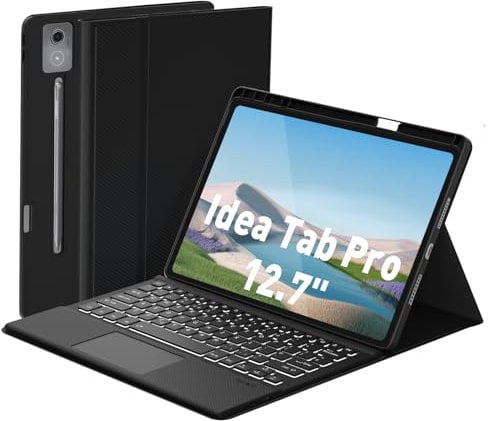 Doohoeek Bluetooth Keyboard Case for Lenovo Idea Tab Pro 12.7 2025, Wireless Keyboard Folio with Trackpad, Rechargeable & Removable & 7 Colors Backlit Keyboard, Black
