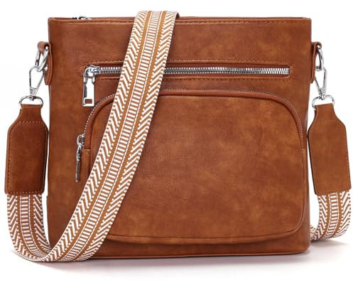 Snmoec handtasche damen mittelgroß umhängetasche damen handy crossbody bag leder PU damentaschen mit breitem gurt handtaschen,Retro-Braun
