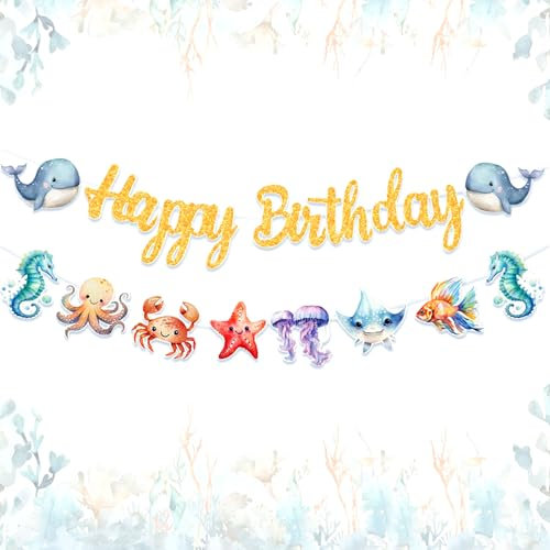 Meerestier Banner Unterwasserwelt Deko Hai Wal Strand Party Deko Ozean Alles Gute zum Geburtstag Partyzubehör Unter dem Meer Partydekorationen für drinnen draußen