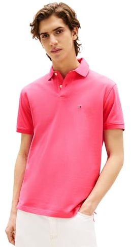Tommy Hilfiger Polo à Manches Courtes pour Homme, Coupe Classique, en Coton piqué Stretch et Bio, Alerte Rose, Taille S