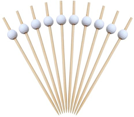 JIHUOO 100 Stück Cocktailspieße mit Golf-Thema, Ball, Vorspeisen, Zahnstocher, Spieße, Obst, dekorative Zahnstocher, Holz-Sandwich-Picker, Charcuterie, Buffet, Sticks, Sport-Partyzubehör