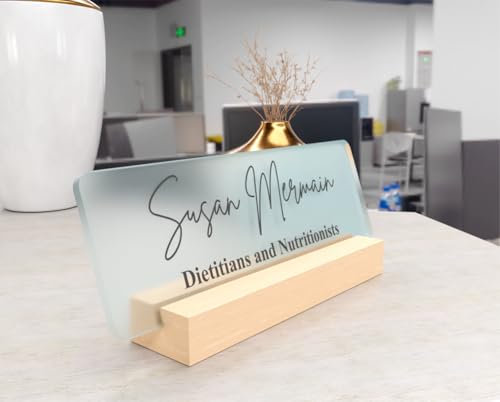 OOCLAS Custom Matt Acrylic Desk Name Plate – Personalized Name Sign with Wooden Stand | Black Text Print | Professional Office Desk Nameplate for Executives, Doctors, Lawyers, Hotel 7 X 3 Inch