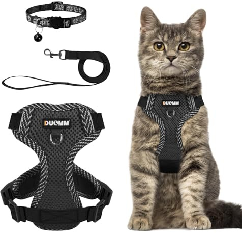Dricar Katzengeschirr mit Leine Ausbruchsicher Verstellbar, Katzenleine mit Geschirr für Katzen, Komfortables Katzen Geschirr mit Reflektierenden Streifen für Kleine Hunde Spaziergänge (Schwarz, M)