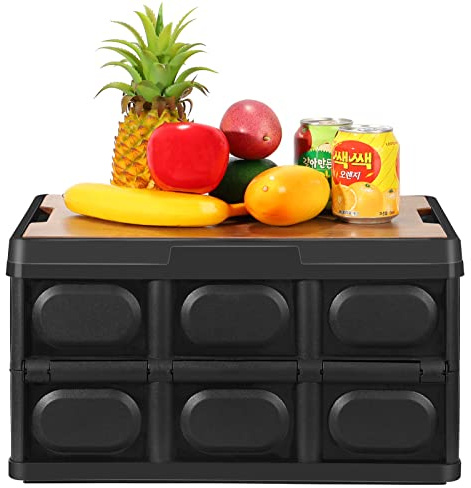 Tuevob Folding Storage Bin with Lid 30L Storage Box Container Stackable Shelf Baskets Cloth Closet Car Organizer Outdoor Picnic Transport Box Clothes Books Holder Plastic Collapsible Tote Crate -Black