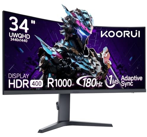 KOORUI 34 Inch Curved Gaming Monitor, WQHD 180Hz, 1MS, HDR400, VA, 1000R Curvature, Height Adjustable,Adaptive Sync, DP HDMI