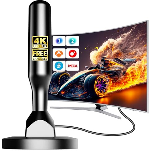 Antena TV Interior Potente HD – Antena TDT Digital con Recepción 360° Estable, Soporta Canales 4K/1080p, Base Magnética Fuerte, Instalación Rápida y Fácil, Compatible DVB-T2/DVB-T, Sin Suscripción