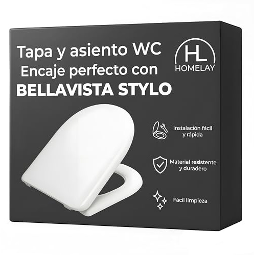 HOMELAY Tapa compatible con WC BELLAVISTA STYLO Blanca. Encaje Perfecto. Fácil Montaje. Bisagra de Acero Inox. Resistente y anti-bacterias. Acabado liso y Brillante. Caída Libre. Fabricada en España