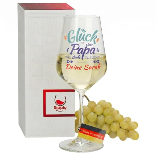 Sipply Weinglas Glück ist einen Papa personalisiert mit Name 530 ml Geschenke zum Geburtstag Weihnachten Vatertag für Männer Vater Opa Weinliebhaber