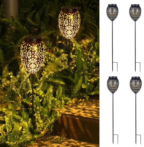 4 Stück Solarlampen für Außen Garten Metall, Retro Solarleuchten für Außen IP65 Wetterfest, 15LM LED Solarleuchten Gartenstecker, Gartenlampen für Draußen Solar Deko für Balkon, Geschenke für Frauen