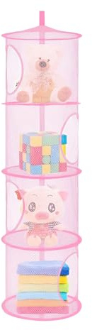 UIHRLM Hanging Toy Storage, 4 Tier Foldable Hangings Mesh Storage Net, Extra Large Compartment Toy Clothing Bag Space Saving for Kids Room Bathroom Balcony Playrooms Bedroom Study (Pink)