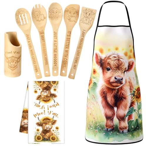 Zhehao 8 Pcs Highland Cow Kitchen Decor Bamboo Cooking Spoons with Utensil Holder Towels Apron Housewarming Gifts for Women Cow Lovers Kitchen Home Decorations