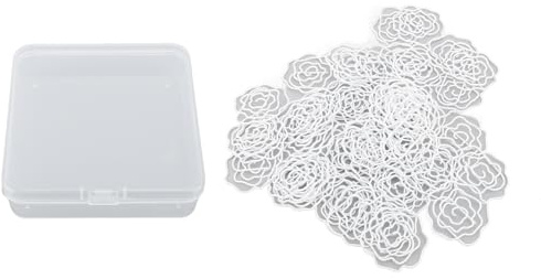 50pcs Rose Shaped Paper Clips, Decorative Metal Paperclips with Clear Storage Box for School Office, Flower Shaped Bookmark Clips for Documents and Crafts (White)