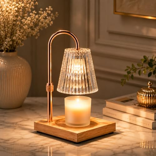 Suplexity Candle Warmer Lamp with Timer & Dimmer – Champagne Crystal Candle Lamp Warmer for Jar Candles, Flameless Fragrance Warmer, Rose Gold Metal & Wood Base, Luxury Decor Gift