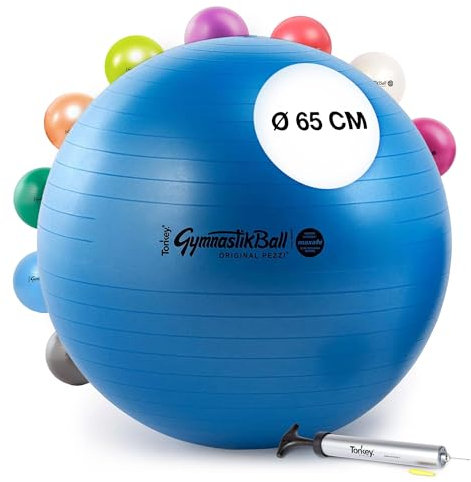 PEZZI - Gymnastikball Original Pezziball MAXAFE 65cm Ø mit Tonkey Handpumpe – Sitzball für Therapie, Sport & Büro - Universeller Trainingsball aus Flexton Silpower® belastbar bis 400 kg – Blau
