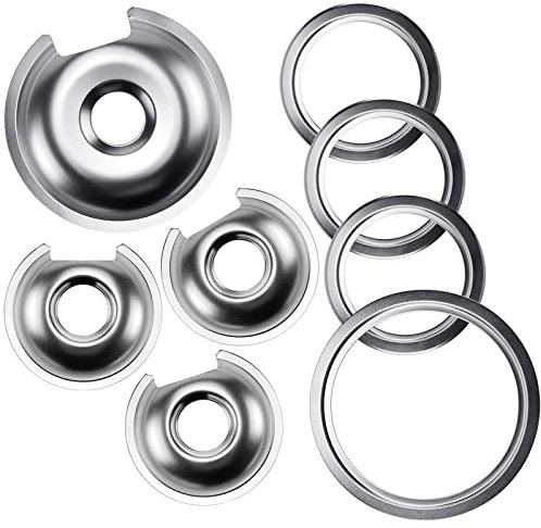 Set di 3 padelle per fornelli elettrici, 15,2 cm, WB32X10012 (confezione da 3 piccole) e 20,3 cm WB32X10013 (1 confezione grande), cromate con 4 anelli di rifinitura per bruciatore G-E Surface Burner