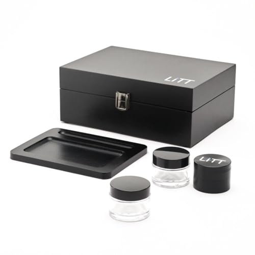 LITT Roll Stash Box Set – [4pc.] Black, Premium Glass, Wooden Storage Stash Box w/Roll Tray, 2 Glass Storage Jars, Herb Grinder