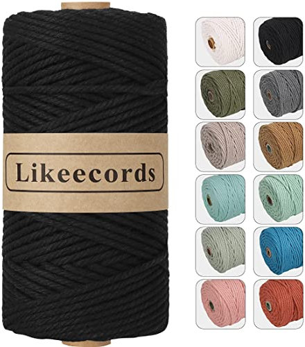 Likeecords Makramee Garn 4mm x 100m,Natürliches Baumwollschnur, Makramee-Seil, Bunte Bastelkordel aus Baumwolle für Taschen, Wandbehänge, Pflanzenaufhänger (schwarz)