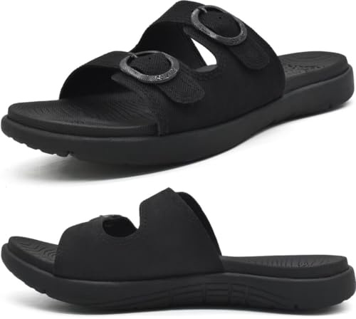 COFACE Womens Orthotic Slippers Comfort Plantar Fasciitis Arch Support Slip on Slippers Ladies Soft Cushion Fashion Yoga Mat Sandals With Adjustable Straps, DBlack 8