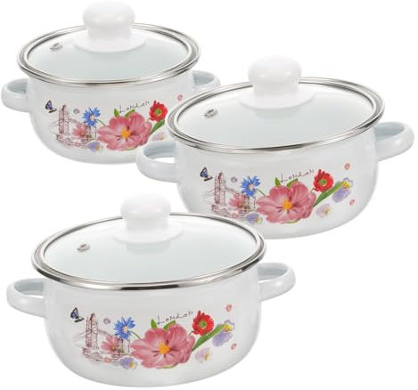 Ciieeo Mini Stew Pot Set Enamel Stock Pot Lid Vintage Pattern Easy Clean Non-Stick Surface Suitable for Cooking Soup Noodles Random Style