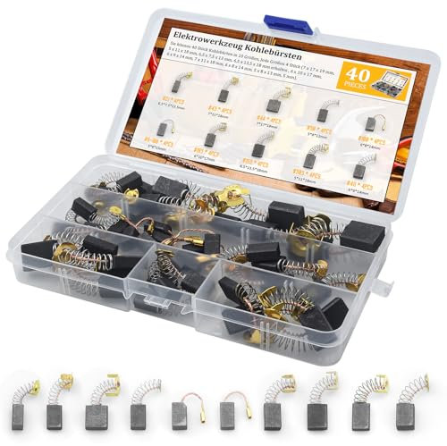 Pulchra 40 pcs Electric Motor Carbon Brushes, Have 10 Sizes Carbon Brushes for Replacement Repair Power Tools and Motors Part Suitable for use in Electric Hammer Drills, Circular Saws, Angle Grinders