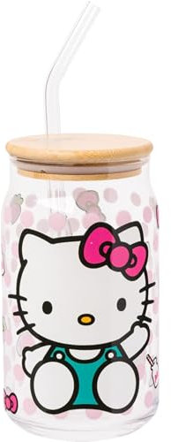 Silver Buffalo Sanrio Hello Kitty Strawberry Milk Bow Pink Polka Dot Glass Jar Tumbler with Bamboo Lid and Glass Straw, 16 Ounces