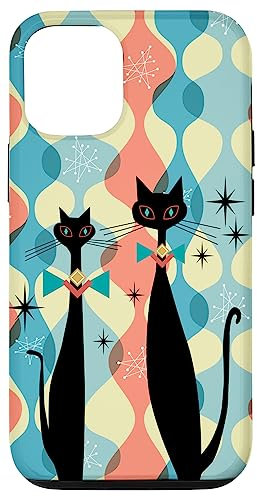 Hülle für iPhone 13 Pro Coole Katzen im Retro-Stil aus der Mitte des Jahrhunderts auf Rosa und Blau