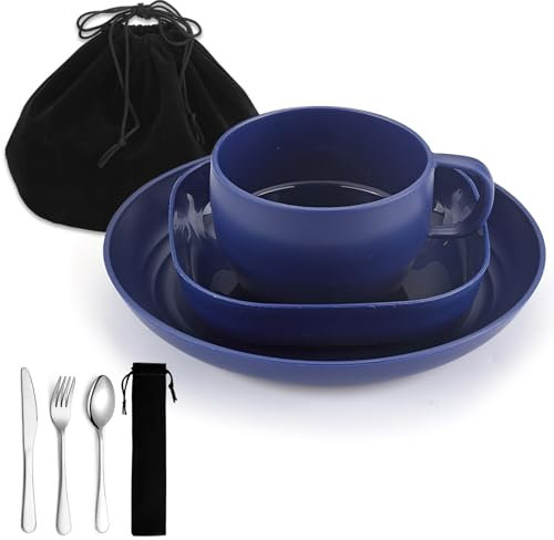 Camping utensils set, ReaNea Camping Plates And Bowls Set With Coffee Mug, Travel Cutlery Set Include Spoon, Fork, Knife for Home, Poolside, Outdoor, Picnic, Camp