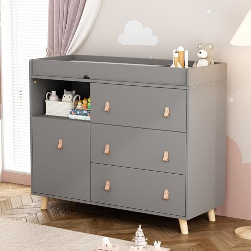 DAWNSPACES Wickeltisch,Wickelkommode mit Wickelaufsatz,Babymöbel mit 4 Schubladen,Babykommode mit Ablagefläche,für Babyzimmer Schlafzimmer,grau,114x46x96cm