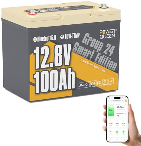 Power Queen 12V 100Ah Batterie Lithium Bluetooth LiFePO4 mit 100A BMS 1280Wh Energie, Max 15000 Zyklen, für Schleppermotoren, Wohnmobile, Caravans, Solar Home Systeme