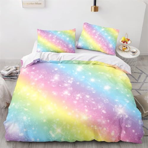 Koudi Bunt Kinder Bettwäsche 155x220 Mädchenbettwäsche Regenbogen Sterne Muster Bettbezug Reißverschluss mit Kissenbezug 80x80cm
