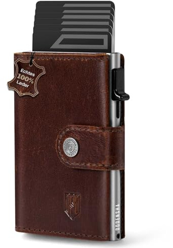 DODENSHA Slim Wallet mit Münzfach | Herren Geldbörse mit Knopf | Wallets for Men | Portmonee Herren mit Ticket Fach | Pop-up-Kreditkartenetui Geldbeute für 7-9 Karten | RFID Schutz I BraunSilber