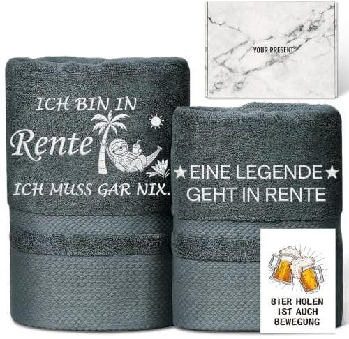 Rentner Geschenk Mann, 2-teiliges Set 100% Baumwolle Bestickte Handtücher | Personalisierte Ruhestand Renteneintritt Geschenk Männer für Papa Kollege Freund, Badehandtuch 50x100cm + Handtuch 35x75cm