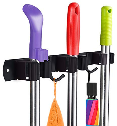 Huryfox Mop and Broom Holder Wall Mounted - Sturdy Stainless Steel Rack with Utility Hooks, Adjustable Design and Multiple Storage Organiser Options, Perfect for Garage, Kitchen, Laundry, and Bathroom