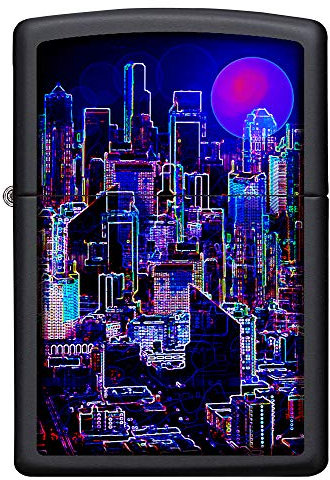 ZIPPO – Sturmfeuerzeug, Cyberpunk Skyline, Color Image, Black Matte, nachfüllbar, in hochwertiger Geschenkbox