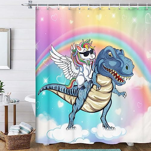 Niedlicher Kinder-Duschvorhang für Badezimmer, cooles Einhorn-Reiten, Dinosaurier, Regenbogen, lustiger Duschvorhang, Fantasy-Weltraum, Wolke, Stoff, Badezimmer-Zubehör mit 12 Stück 178x188 cm