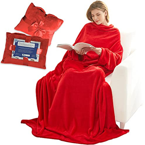 Lucadeau Kuscheldecke mit Ärmeln, Geschenke für Frauen zum Ostern, Muttertag, Geburtstagsgeschenk für Mama Freundin, zuhause Camping Reise150x200 cm (Rot)