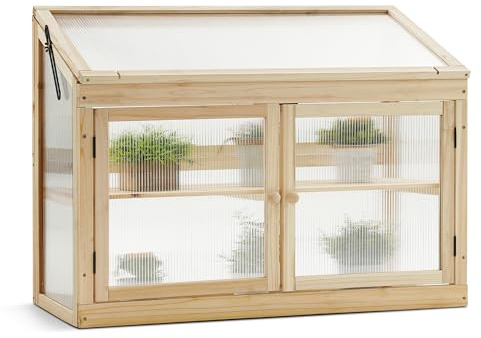 MCombo 2-Tier Mini Greenhouse Garden, Wooden Cold Frame, Grow House with Polycarbonate Windows,Raised Bed for Flower Planter Vegetables 0160 (Natural)