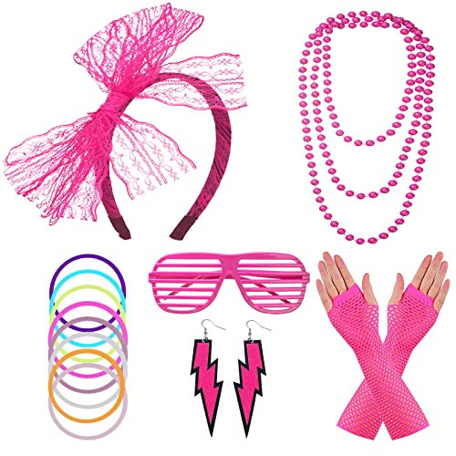 FACATH Colliers, bracelets, gants en résille, bandeau en dentelle, boucles d'oreilles, accessoires de déguisement des années 80, vert (rose rouge)