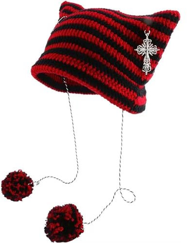 AONUOWE Grunge Beanies Häkelmützen für Damen und Mädchen, Fuchs, Katzenohren, Gothic, Emo, Alt, Y2K, Zubehör, Grunge-Kleidung (Einheitsgröße, Rot)