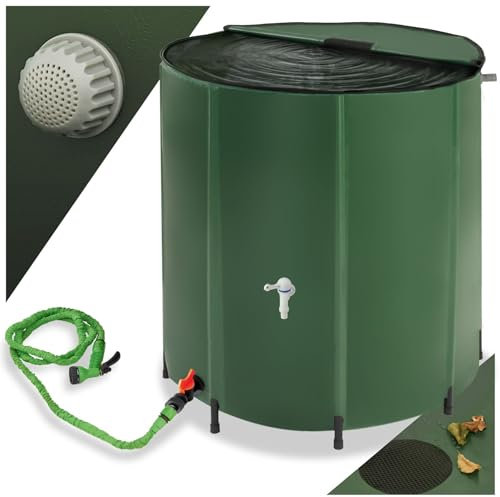 tectake® Collapsible Water Container with Overflow Protection - Weather-Resistant & Rust-Free Water Butt with Protective Grate, Tap & Floor-Safe Plastic Feet, Stable Structure & Quick Setup - 500L
