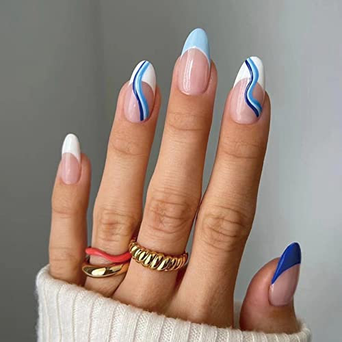 24 Stück Press on Nails Mandel Kurz, Blaue Weiß French Künstliche Nägel, Oval Kunstnägel Nägel Zum Aufkleben mit Nagelkleber Aufkleber, Swirl Design Acryl Fingernägel Fake Nails für Frauen