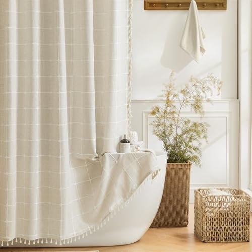 Yuanice Tenda da doccia extra lunga da 240 cm, con nappe, in lino, impermeabile, con ganci in plastica, tende da doccia eleganti in tessuto vintage beige per hotel, 183 x 244 cm