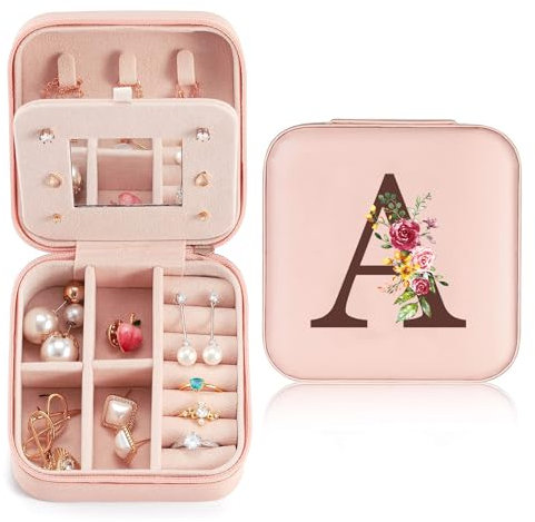 Sinekong Estuche Joyero Pequeño con Inicial A, Portátil Jewelry Organizer, Joyero Organizador de Viaje de Cuero PU, Joyero de Viaje Pequeño para Regalo Niña, Regalo Madre, Regalo Cumpleaños Rosa