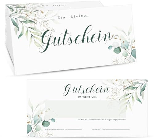 Faccito 50 Blanko Gutscheine zum Selber Ausfüllen Eukalyptusblätter Geschenkgutscheine für Kunden Gutscheine Vorlagen Gutscheinkarten für Nagelstudio Friseur Kosmetik Massage Fußpflege