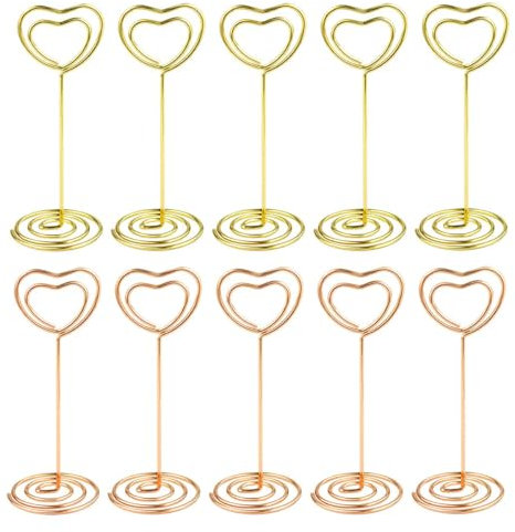 Tischnummernhalter, herzförmig, Tischnummernständer, Tischkartenhalter, Mini-Draht, Tischkartenhalter, Bild, Fotohalter, Clips für Tafelaufsätze, Hochzeit, Party, Memo, Menüständer (Gold + Roségold)