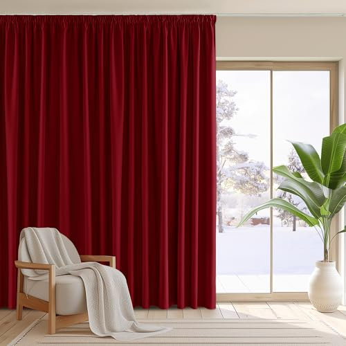 PONY DANCE Wohnzimmer Vorhänge mit Kräuselband für Schienensystem Extra Breite Gardine Rot Blickdicht 1er Set H 245 x B 300 cm Verdunklungsvorhänge Thermogardinen Hitzeschutz
