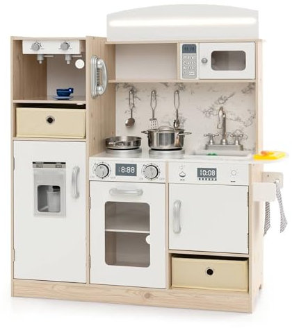 COSTWAY Kids Play Kitchen, Wooden Pretend Cooking Playset with Adjustable LED Lights, Removable Fabric Bins, Microwave Oven, Coffee Maker and Abundant Accessories, Toddler Chef Toy Set for Boys Girls