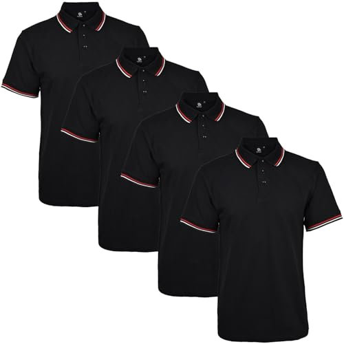 True Face Mens Tshirts Polos Pique Tipping Pocket Collar Buttoned Regular Fit Top Black Tip - 4 Pack M