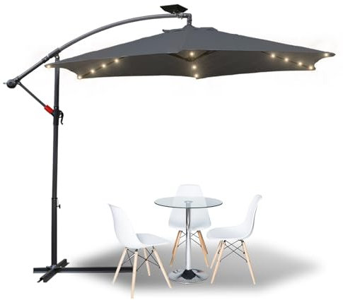 Eulenke Sonnenschirm LED Solar 350 cm, Ampelschirm mit Ständer und Kurbel, 8 Stahlverstrebungen, Neigungswinkel und Höhe verstellbar, Wasserabweisend und UV-Schutz Gartenschirm, Anthrazit