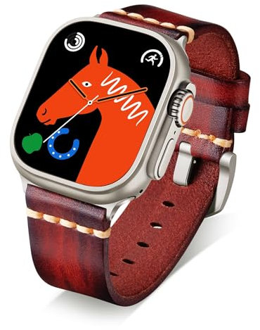 BINLUN Leather Strap Compatible with Apple Watch 38mm 40mm 41mm 42mm 44mm 45mm 46mm 49mm Handmade Retro Band Compatible with iWatch Series 10 9 8 7 6 5 4 3 2 1 SE SE2 Ultra Ultra2, 49mm, Red